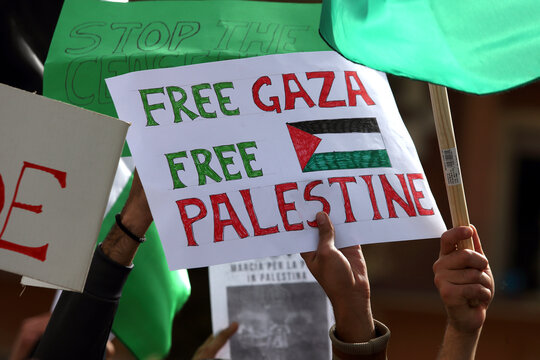 Cassino, Italy - March 29, 2024. March against the war in Palestine, sign with the words "free Gaza, free Palestine"