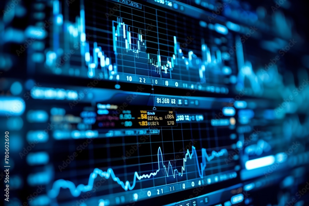 Poster close-up of stock market data on monitor. detailed close-up of a computer monitor displaying dynamic