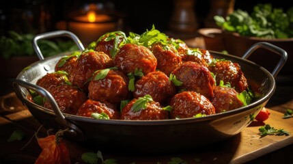 meatballs with melted tomato sauce on a bowl with a black and blur background - obrazy, fototapety, plakaty