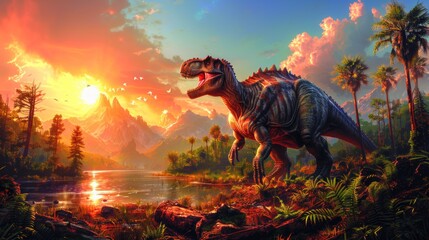 A painting of a dinosaur standing in front of the water, AI