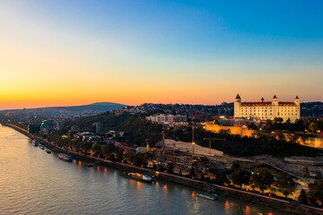 View of Bratislava castle, old town and the Danube river from observation deck the bridge in...