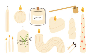 Various Candles. Different shapes and sizes. Pillar, jar candle, square, container candle, heart shaped. Decorative wax candles for relax and spa. Matches, candle snuffer. Hand drawn Vector set