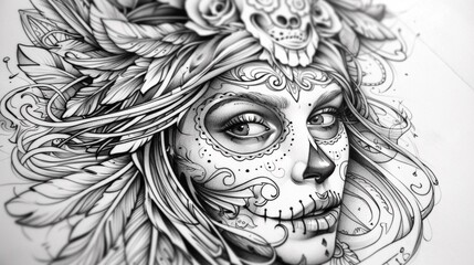 A drawing of a woman with skull makeup, AI