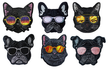Fashion pet face embroidered patch badge set on transparent background 