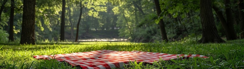 Red and white checkered blanket spread on a verdant meadow, a classic symbol of picnic fun