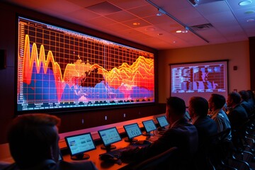 Financial Data Monitoring in a High-Tech Room. Room of analysts monitoring financial data on large screens, displaying colorful data charts and global economic indicators.
