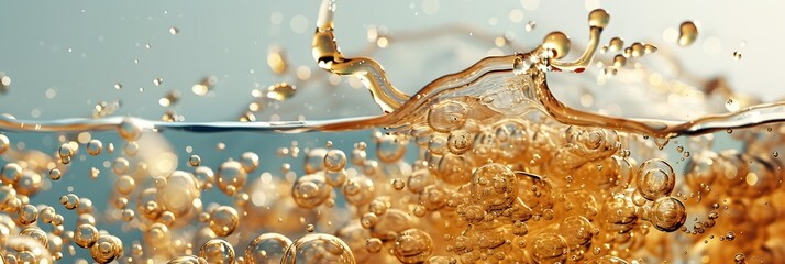 Dynamic Amber Liquid Droplets Splashing in Air, Vitality Captured on Water Surface