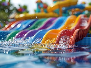 The vibrant colors of the 3D water slide pop against the summer backdrop, its splash into the pool capturing the cool, exhilarating joy of the season
