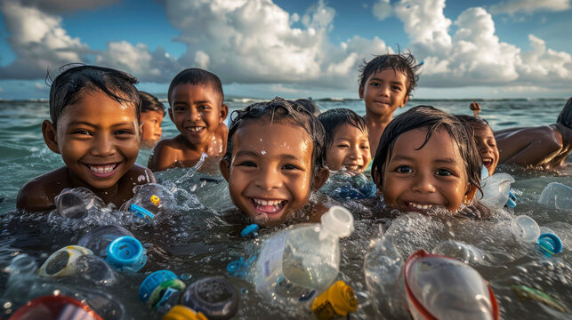 a group of smiling children bathe in a plastic-polluted sea, environmental concept,