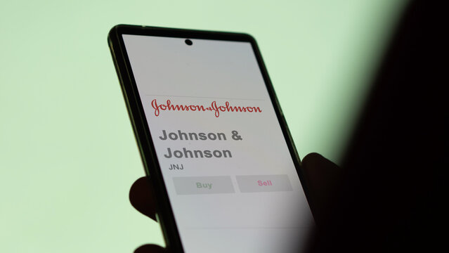 April 09th 2024 , New Brunswick, New Jersey. Close up on logo of Johnson & Johnson on the screen of an exchange. Johnson & Johnson price stocks, $JNJ on a device.