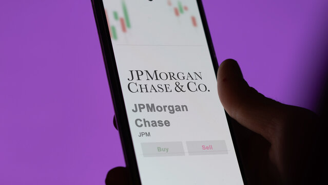 April 09th 2024 , New York City, New York. Close up on logo of JPMorgan Chase on the screen of an exchange. JPMorgan Chase price stocks, $JPM on a device.