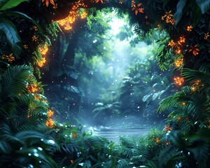 The rainforest bursts with the activity of exotic animals, each leaf and vine meticulously crafted to create a canopy of adventure, In this vivid 3D illustration
