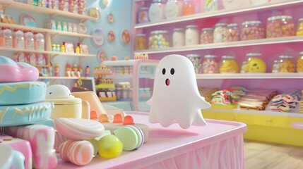 A cute 3D ghost floating in a candy store, playfully rearranging sweets - obrazy, fototapety, plakaty