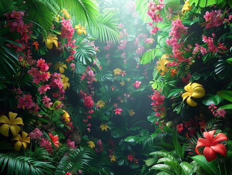 Rainforest teems with life, its exotic animals rendered in stunning detail against a backdrop of dense foliage and vibrant flowers, a hidden world of summer mysteries, A lush 3D