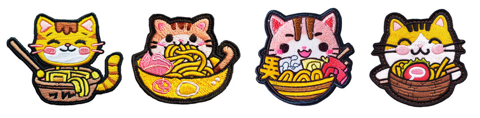Cute ramen kitty embroidered patch badge set on transparent background  - obrazy, fototapety, plakaty
