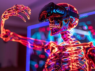 A skeleton attending a virtual reality game, bright and electrifying interface