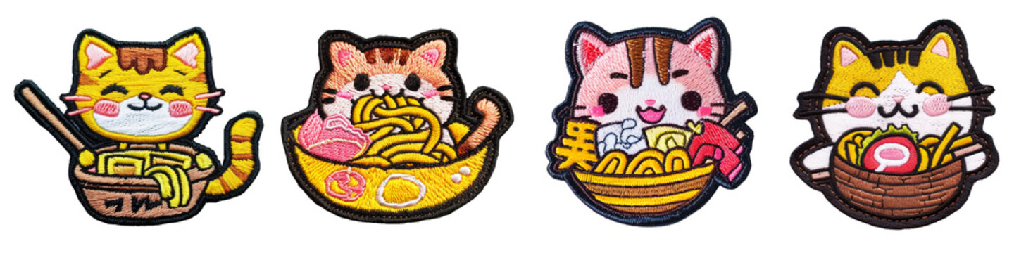 Cute ramen kitty embroidered patch badge set on transparent background 