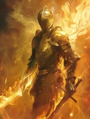 A valiant knight in shimmering armor standing amid gentle flames, with a softfocus mystical sky