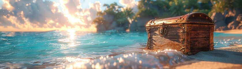 The corner of a treasure chest emerges from the sand, promising adventure and the thrill of discovery against the backdrop of a perfect summer day, In a vivid 3D scene - obrazy, fototapety, plakaty