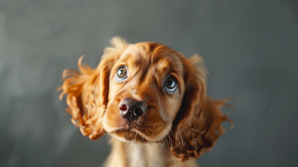 An inquisitive cocker spaniel puppy, a soft glowing embercolored question mark above