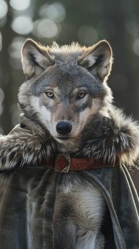 A wolf pup in a plush velvet cape, combining wilderness with a flair of runway fashion
