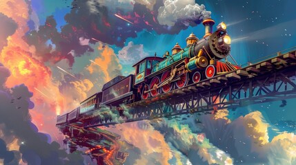 A colorful steam train with an ornate front car is flying through the sky, crossing over a bridge in a dramatic fantasy art style with a cartoon realism effect, in a colorful landscape background