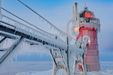 Winter landscape at dawn of the South Haven, Michigan lighthouse, pier, and catwalk coated in ice,...