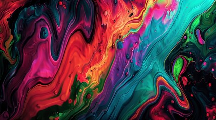 A digital art piece featuring an abstract background with swirling patterns of vibrant colors, reminiscent of psychedelic artwork and liquid paint splashes