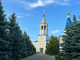 Bell tower of Zilantov monastery against the sky, Kazan, Russia