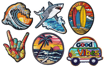 Surf embroidered patch badge set on transparent background  - obrazy, fototapety, plakaty
