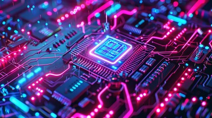 A futuristic and high-tech background featuring neon pink, blue, and purple lights on circuit board patterns