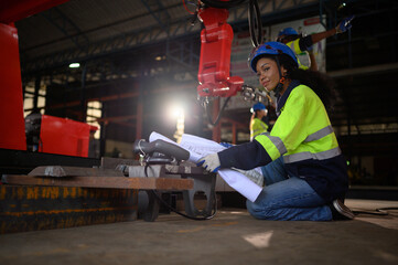 Female worker or technician working on tablet and checking mechanical equipment in factory