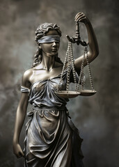Une statue argentée représentant la Justice aveugle tenant en main une balance à deux plateaux devant un fond gris moucheté. 