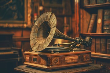 the old gramophone centrally on the aged background to create a nostalgic focal point. - obrazy, fototapety, plakaty