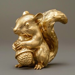 Smooth gold squirrel statuette, with a detailed acorn, signifying saving on a seethrough background