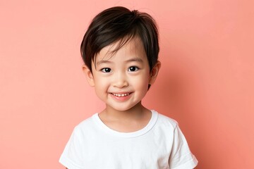 Happy Asian child wearing a white tee, against a soft pastel background, ideal for kids' t-shirt store promotions.