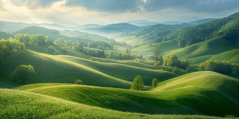 Serenity of Rolling Hills Under a Hazy Sky