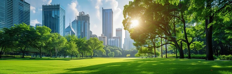 beautiful cityscape in daylight from a green park 