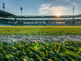 Intimate ground view of the penalty spot, soccer pitch grass foreground, and stadium seats in the distance. - obrazy, fototapety, plakaty