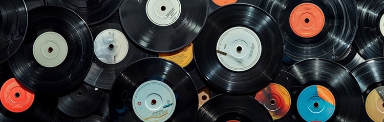vinyl lp records laying flat for background - obrazy, fototapety, plakaty