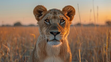 A lion standing in tall grass with a sunset behind it, AI