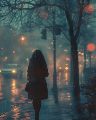 A woman is walking down a street in the rain, holding a handbag