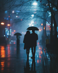 A couple is walking down a wet street holding umbrellas