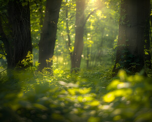 Fototapeta premium A peaceful forest glade with dappled sunlight