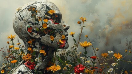 Obraz na płótnie Canvas Captivating digital artwork offering a surreal portrayal of life and freedom, featuring vibrant flowers growing amidst fragmented human sculptures.