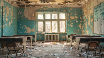 An empty classroom with broken desks and chairs, representing the challenges faced by underfunded schools and education inequality.