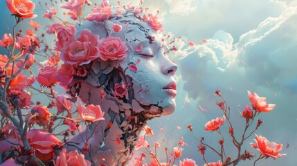 Artistic interpretation of life and freedom through a surreal digital illustration, where blossoming flowers emerge from shattered human sculptures. - obrazy, fototapety, plakaty