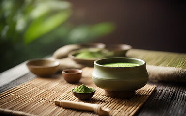 Japanese matcha tea, whisked, frothy, traditional tea bowl, bamboo mat, Zen setting