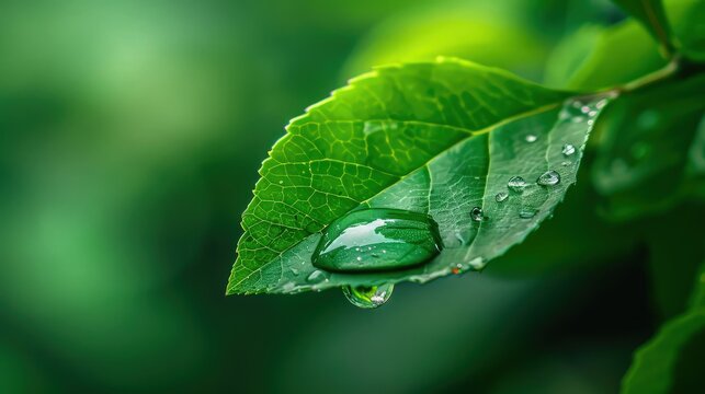 the water drops delicately on the green leaf, enhancing its natural beauty.