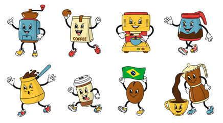 Cartoon coffee shop mascots, cup and coffee machine